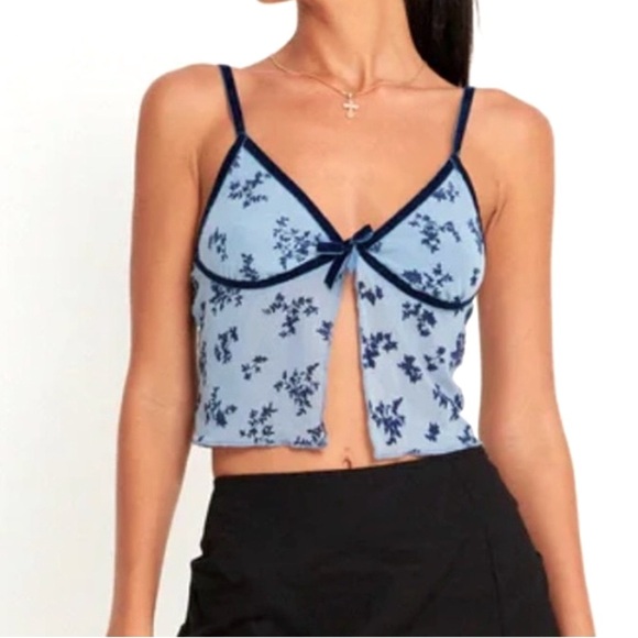 Motel Rocks Blue Floral Rumako Crop Top Velvet Bow detailing - Picture 1 of 6